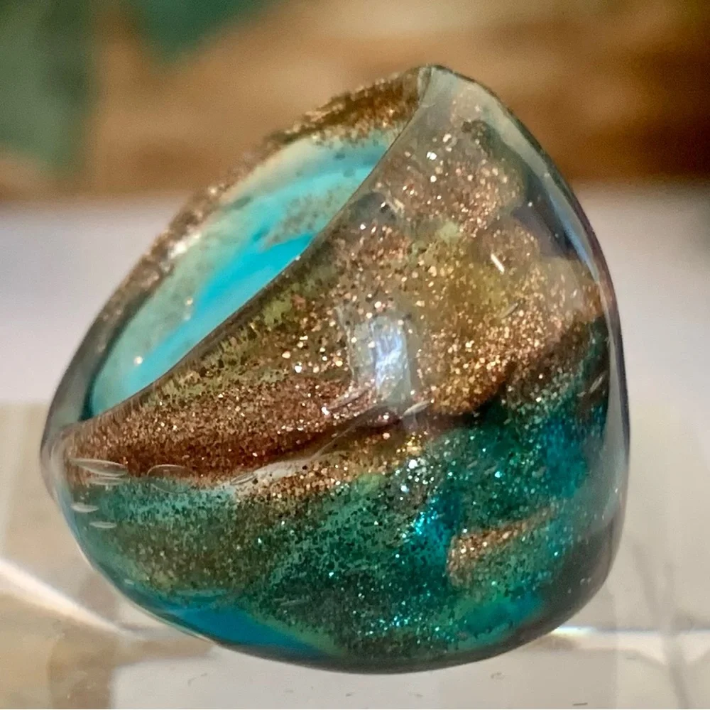 Vintage Murano Style Solid Glass Hand Blown Blue Gold Foil Artisan Ring Size 6